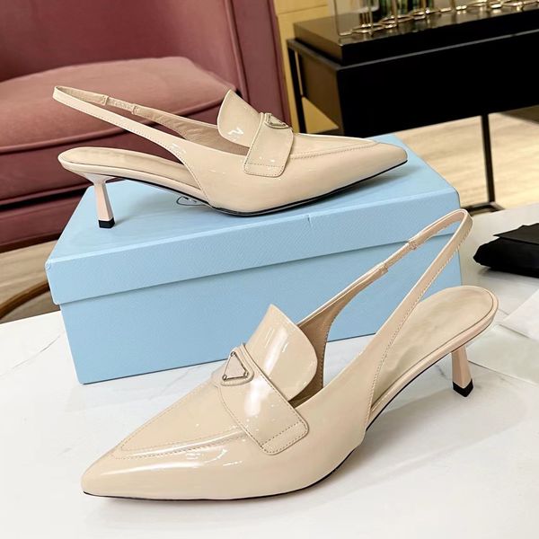 

leisure brand dress shoes for women 5.5cm high heels leather pointed shoe elastic ankle straps back empty party sandals triangle buckle deco, Black