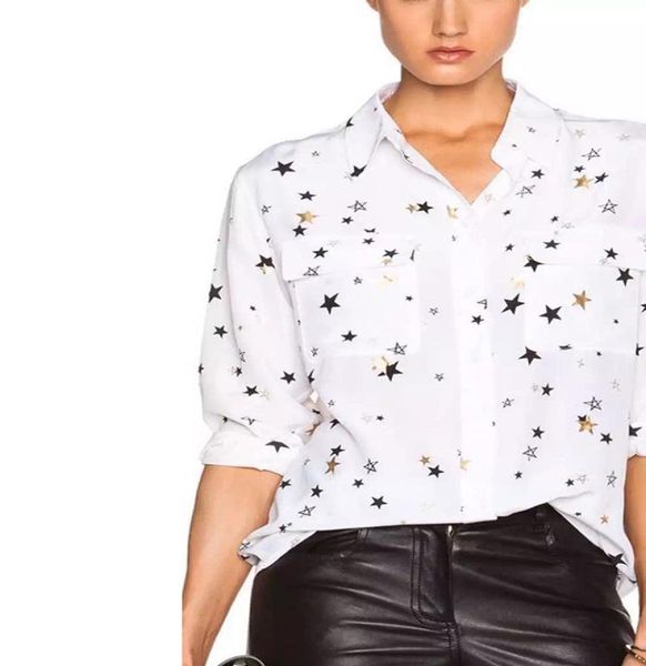 

new autumn equipment ladies 100 real silk star print blouses women eq gold stamp gilding star two pockets long sleeve shirts7618771, White
