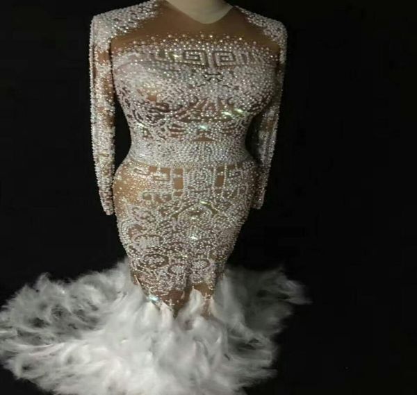 

dj songbird sparkly rhinestones feather nude dress nightclub full stones long big tail dress costume prom birthday celebrate 5856290, Black;red
