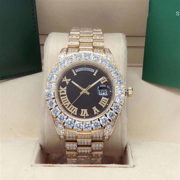 

luxury gold diamond watch 43mm men's automatic mechanical watchs roman numeral black dial double calendar automatics d201l, Slivery;brown