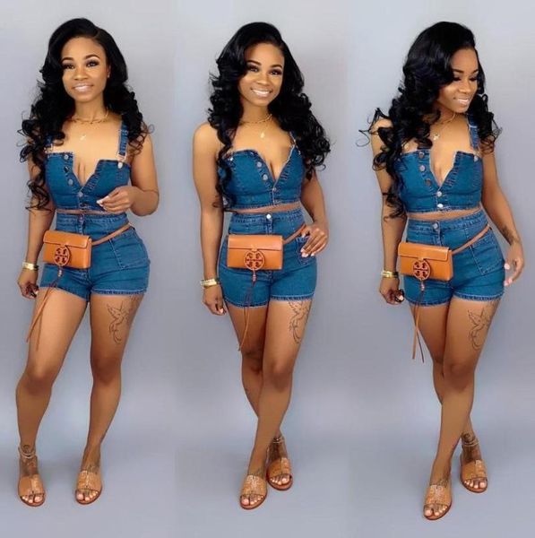 

women two piece set summer denim set sleeveless jeans and blue denim shorts suit 20211491020, Gray