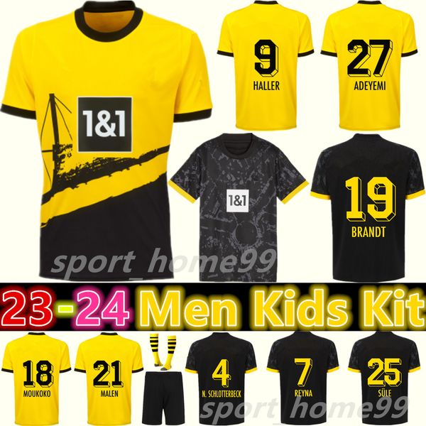 

new 23 24 dortmund haller soccer jerseys adeyemi reyna brandt 2023 2024 moukoko hazard home away football shirt malen sule men kids kit unif, Black