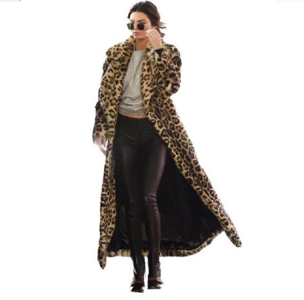 

fashion winter fur long coat leopard women show spots loose warm casual women leopard outerwear manteau thick faux fur coat7256902, Black
