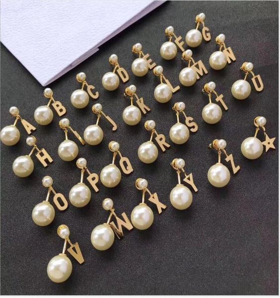 

26 letter pearl stud female brass stud ornament01234563570745, Golden;silver