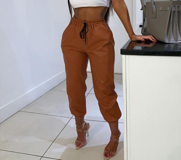 

high waist pu leather casual pants women fashion drawstring pockets pencil pants solid streetwear autumn women trousers 20194928444, Black;white