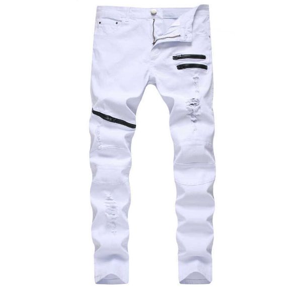 

straight hole destruction trousers distressed jeans men denim trousers men jeans fashion designer brand white jean male x06211581783, Blue