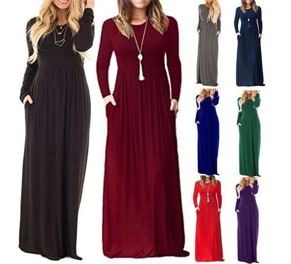

new plus size women long sleeve caual solid color oneck maxi pockets dress long loose beach party tunic dress2559743, Black;gray