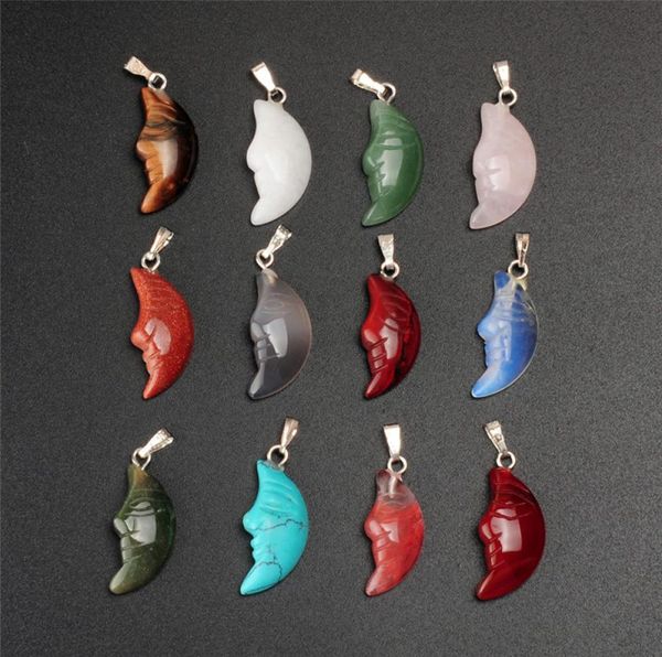 

new natural stone pendant vintage special design crescent moon face rose quartz crystals tiger039s eye turquoise beads jewelry 8636188, Bronze;silver