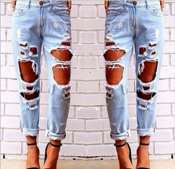 

denim pants womens destroyed ripped jeans distressed hole jeans trousers wild exaggerated big hole beggar boyfriend jeans8758005, Blue