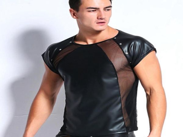 

t shirts men mesh rivet faux leather vest lingerie club wear costume gay underwear black wet look fetish dance tee4225902, White;black