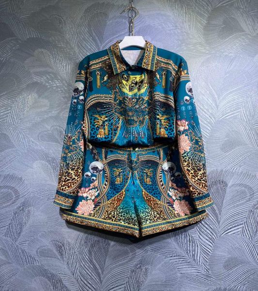 

two piece dress 2023 spring new lapel print shirt with shorts set3016218, White