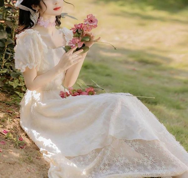 

casual dresses vintage dress women elegant puff sleeve chiffon fairy summer embroidery floral french style 20229618915, Black;gray