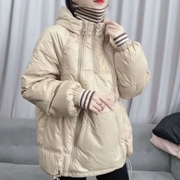 

winter new three zipper hooded pullover sweater mid length down cotton coat women's korean edition thickened loose coat, Black