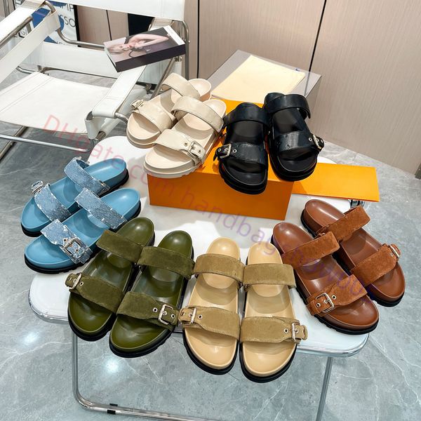 

classic designer slippers bom dia flat mule summer canvas beach sandals fashion luxury calf leather buckle thick sole women slides comfort f, Black
