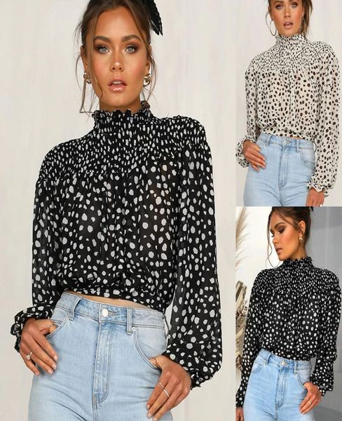 

women long puff sleeve loose chiffon blouse casual lady turtleneck tshirts dot print collect waist tshirt6864238, White