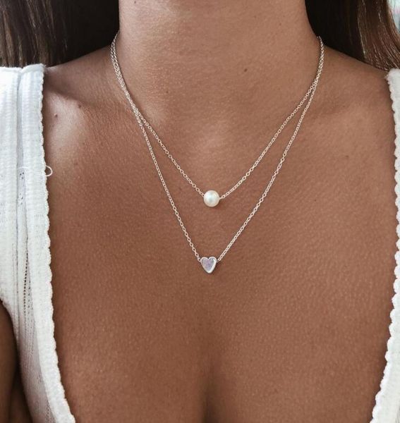 

new fashion double chain gold silver love heart pearl charm pendant necklace choker chunky chain bib necklace for women lady9188778, Golden;silver