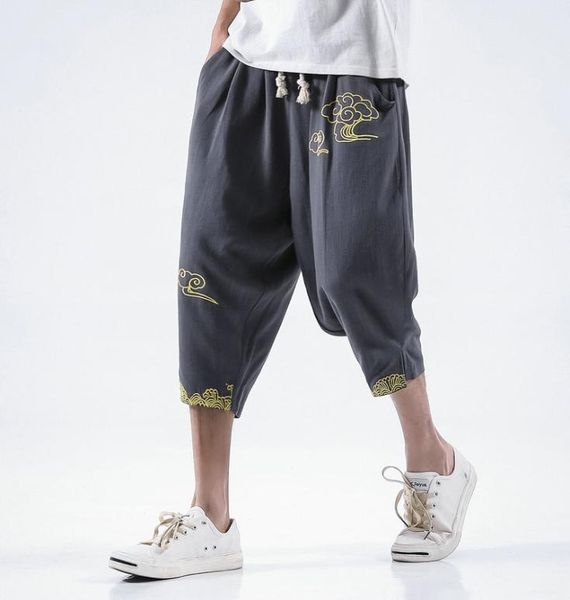 

streetwear casual pants men cotton linen harem joggers men chinese style embroidery calflength trousers6254492, Black
