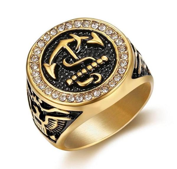 

cluster rings gold color titanium zircon diamonds gemstones anchor for men stainless steel masculine cool finger band accessory je1107535, Golden;silver