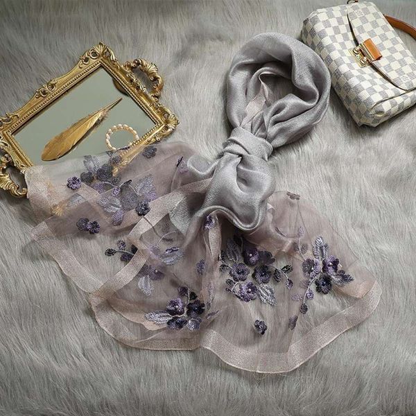 

spring and autumn style embroidered scarf silk wool womens all match summer sunscreen air condition, Blue;gray