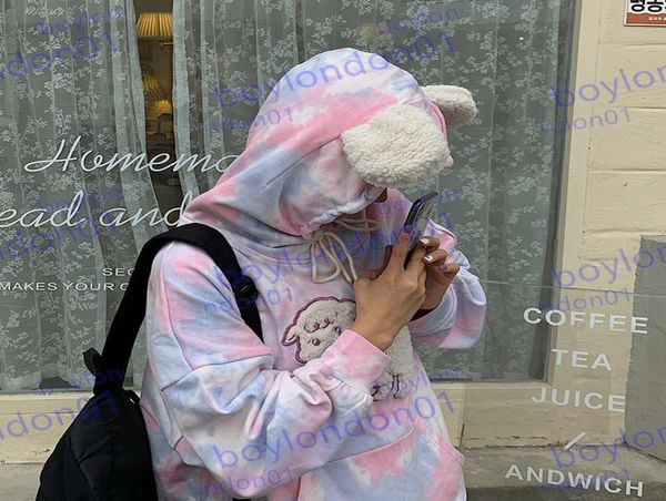 

womens pink tiedye hoodies sweater female autumn and winter loose hooded pullover cute sheep embroidery 8516772, Black