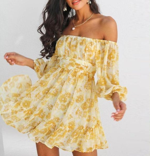 

off shoulder floral summer dress yellow vintage high waist beach dress women 2021 short dresses vestidos6353402, Black;gray