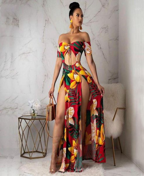 

boho printed summer beach maxi dress strapless off shoulder high slit sundress womens robe hollow out long dresses17645672, Black;gray