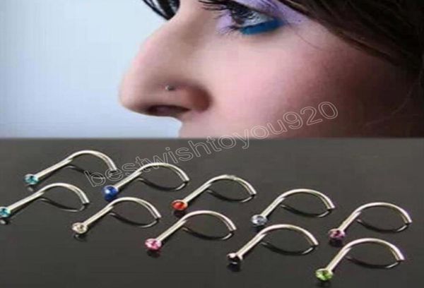 

10pcslot mix colors rhinestone nose studs screw ring bone bar body jewelry whole5120325, Silver