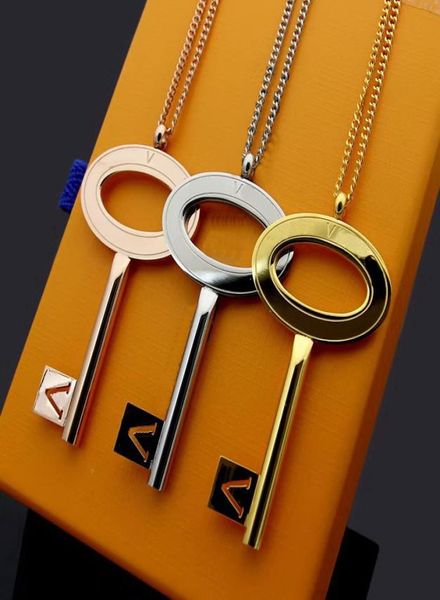 

europe america style men lady women titanium steel lovers thick long necklace with engraved v letter key charm pendant 3 color3660747, Silver