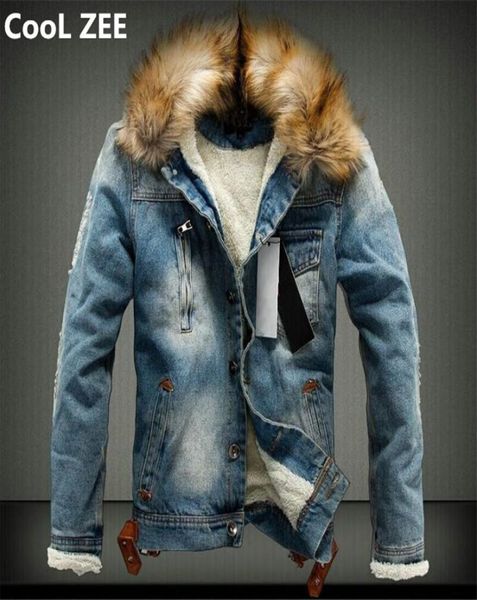 

brand designer2019 cool zee mens denim jacket with fur collar retro ripped fleece jeans jacket and coat for autumn winter sxxxxl6928514, Black;brown