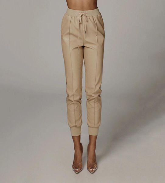 

black pu faux leather pants women trousers fall winter elastic high waist pencil pant femme fashion lace up long pantalon8551984, Black;white