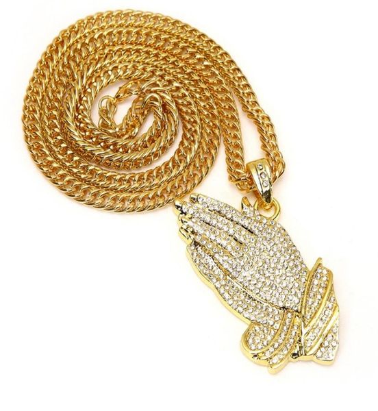 

hip hop bling prayer jesus hand necklace gold labmade mens iced out praying hands pendant necklace with 30 inch link chain9924787, Silver
