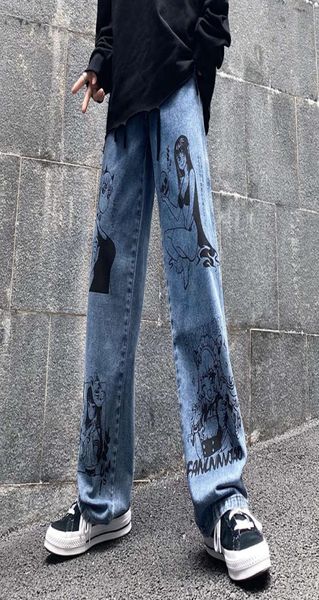

vintage washed women streetwear harajuku cartoon anime print fashion man jeans loose wide leg pants cotton4758879, Black;white