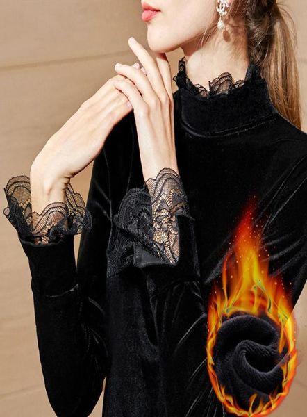 

women blouse elegant lace office lady shirt 2021 autumn winter vintage chic turtleneck thick fleece woman shirts women1573612, White