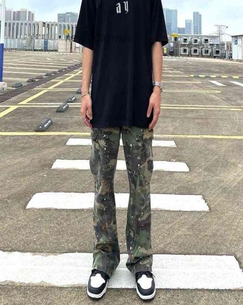 

american y ins printed men's sweatpants high street the same loose speckled overalls are used washed camouflage flared yzz4488719, Black