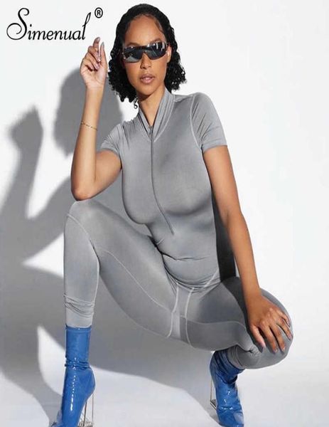 

simenual casual fitness short sleeve solid rompers womens jumpsuit zipper sporty workout active wear bodycon jumpsuits summer t2007756219, Black;white