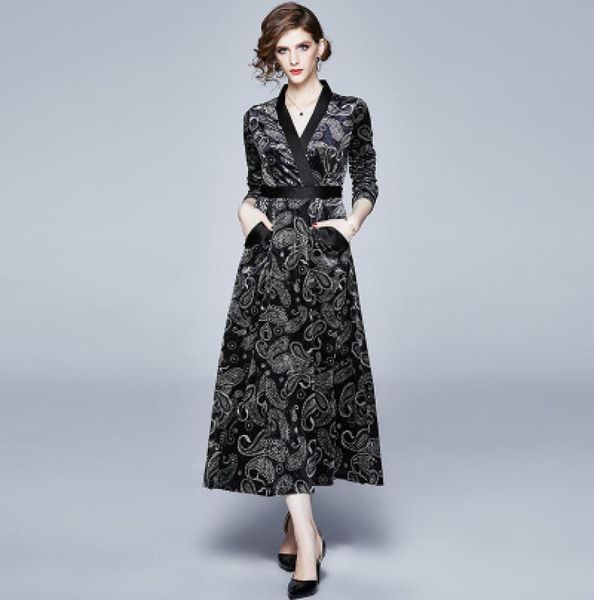 

women039s spring and autumn expansion skirts golden silk wool printing long dresses v neck long sleeve4452870, Black