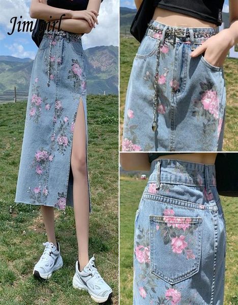 

skirts vintage flower print women039s long denim skirt summer harajuku high waist side split jeans korean streetwear strai3986117, Black