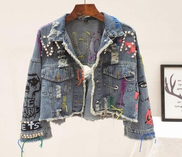 

2019 spring autumn women street fashion graffiti denim jacket female personality short cut rivet jacket fringe jean coat6785758, Black;brown