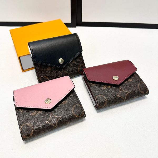 

women designer mini old flower fold wallet bag two-tone flap calfskin leather printed letters zipper pocket clutch card holder purse 11x7cm, Red;black