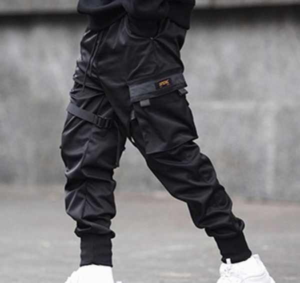 

men ribbons color block black pocket cargo pants 2019 harem joggers harajuku sweatpant hip hop trousers x11164585003