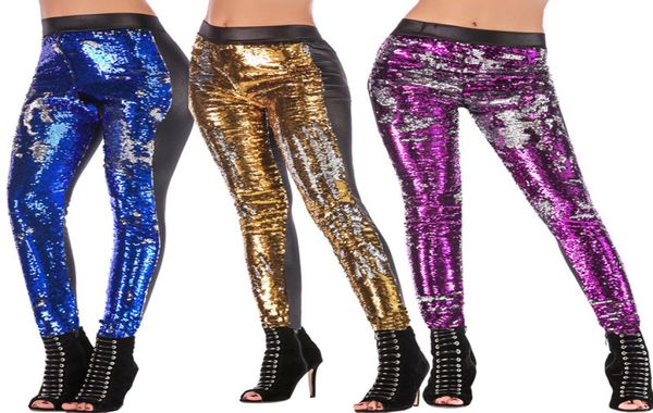

faux lether pants women sequins leggings elastic waist skinny pu pants spliced color mermaid skinny leather trousers ljja3612106601504, Black;white