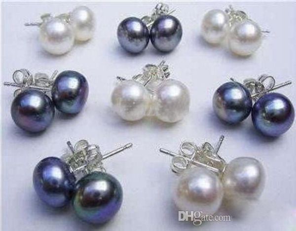 

whole 16pcs8pairs 89mm whiteblack akoya cultured pearl 925 silver earring1404483, Golden;silver