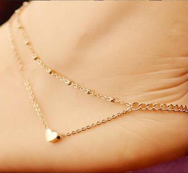 

stylish double layer love heart pendent anklet titanium steel peach hearts charm foot chain beach barefoot ankle bracelet jewelry 7918002, Red;blue
