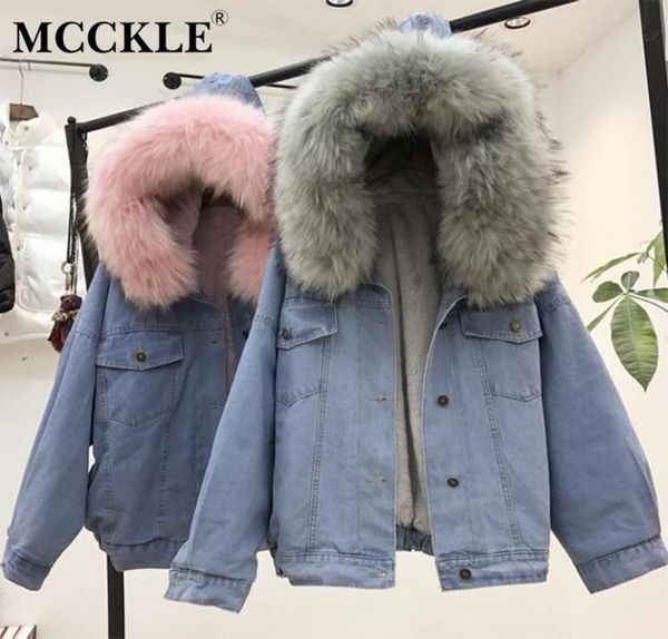 

mcckle women winter thick jean jacket faux fur collar fleece hooded denim coat female lamb fur padded warm denim jacket outwear1453978, Black;brown
