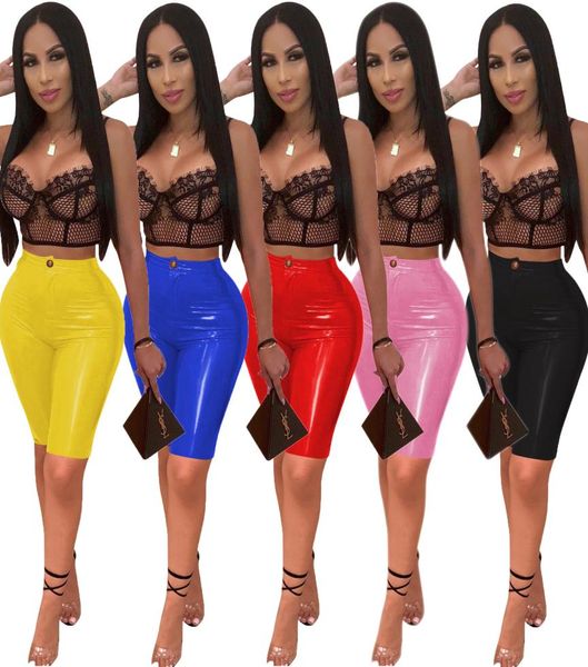 

women charming bright pu pants faux leather skinny shorts lady fashion button zipper slim knee length 12 capris short trouse8530188, Black;white