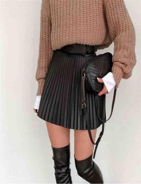 

summer high waist pleated aline women mini skirt faux leather women039s short spring autumn casual ladies bottoms 2103231340234, Black