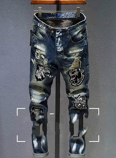 

european style individual jeans men039s fashion embroidery ripped street hiphop vintage trend men039s hair stylist pants8192789, Blue