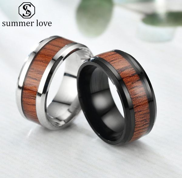 

valentine039s day nature 8mm wood inlay polish mens ring black silver titanium steel wedding band engagement ring wholez9548888