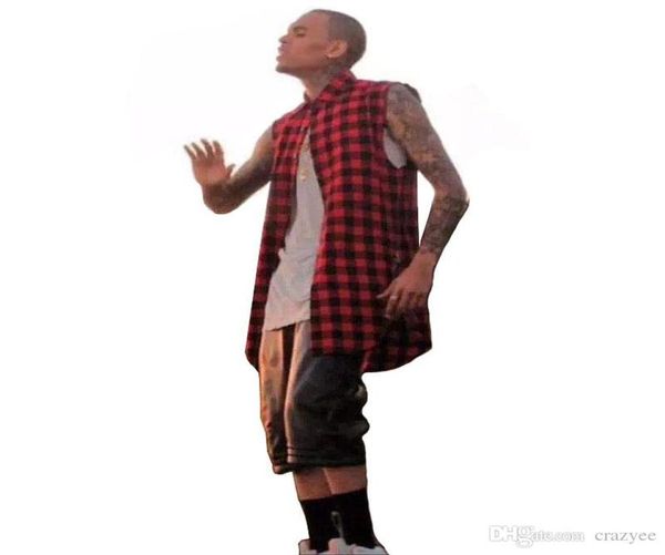 

2017 t shirts for menplaid hip hop men shirt chris brown oversized gold side zipper extended plaid shirt men casual red sleeveless9490821, White;black