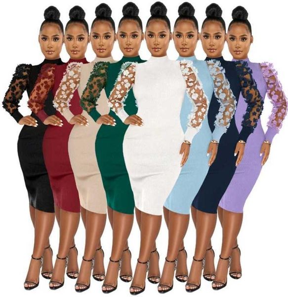 

2023 new spring womens casual dresses designer slim mesh sleeve 3d flower patchwork bodycon party dress8838142, Black;gray